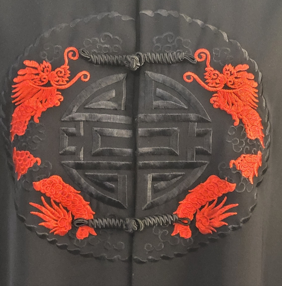 Black Long Mandrin Coat with Red Dragon Embroidery - Picture 3 of 6